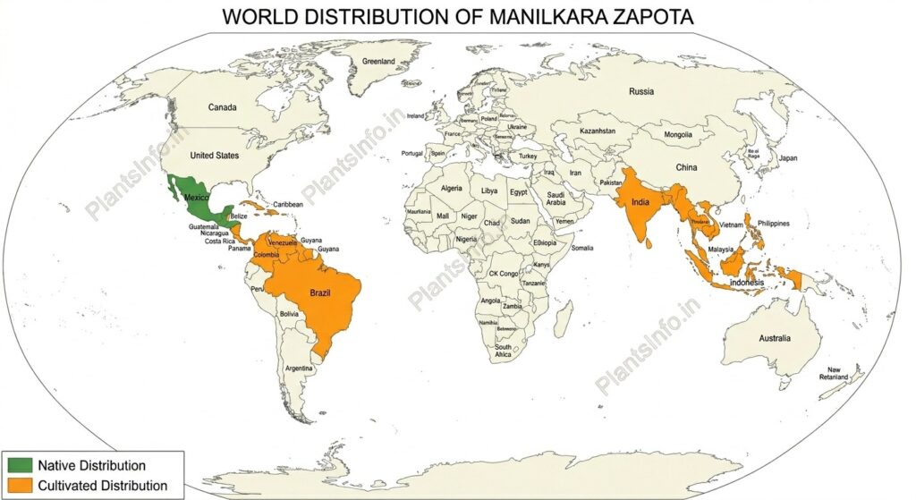 World map showing distribution of Manilkara zapota with native range in Mexico and Central America and cultivated distribution across South America, South Asia, Southeast Asia, and parts of Africa