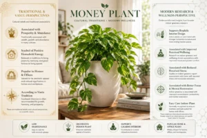 Infographic showing money plant benefits, including traditional Vastu beliefs, cultural associations, and modern research on indoor greenery and wellbeing.