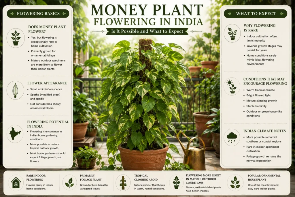Infographic explaining whether money plant flowers in India, including rare flowering conditions, flowering potential, and realistic expectations for home gardeners.