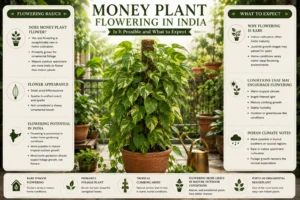 Infographic explaining whether money plant flowers in India, including rare flowering conditions, flowering potential, and realistic expectations for home gardeners.