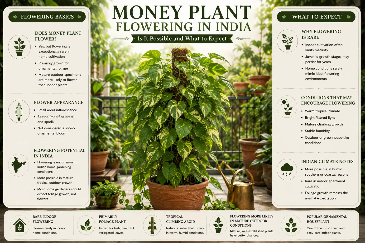 Infographic explaining whether money plant flowers in India, including rare flowering conditions, flowering potential, and realistic expectations for home gardeners.