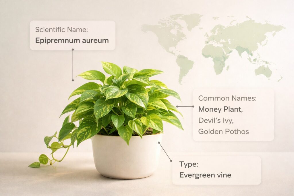 Money plant with labeled scientific name and common names in a clean botanical display