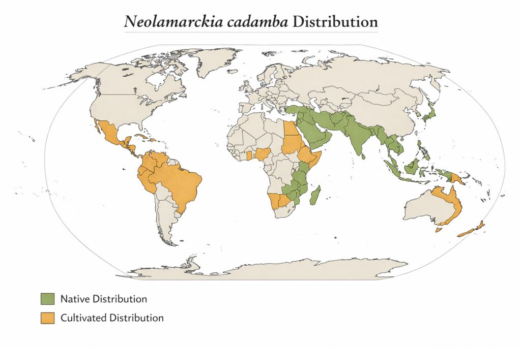 World distribution map of Kadamba (Neolamarckia cadamba) showing native range in South and Southeast Asia and northern Australia, cultivated elsewhere; data sources POWO and GBIF.