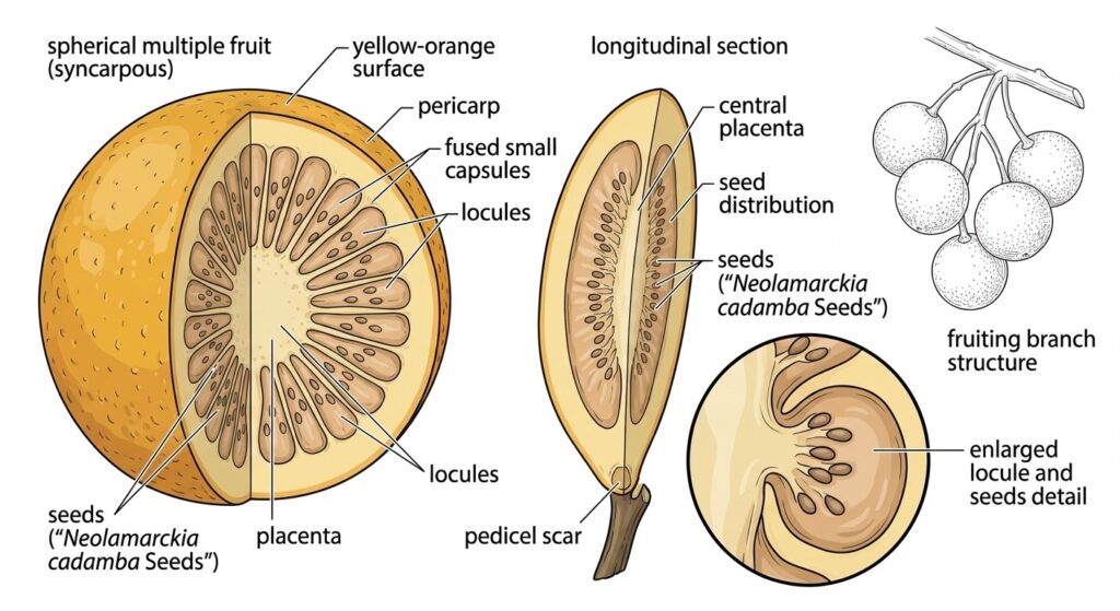 Botanical diagram of Kadamba (Neolamarckia cadamba) fruit cross-section showing multiple fruit with multilocular structure and many seeds; scientific atlas illustration.