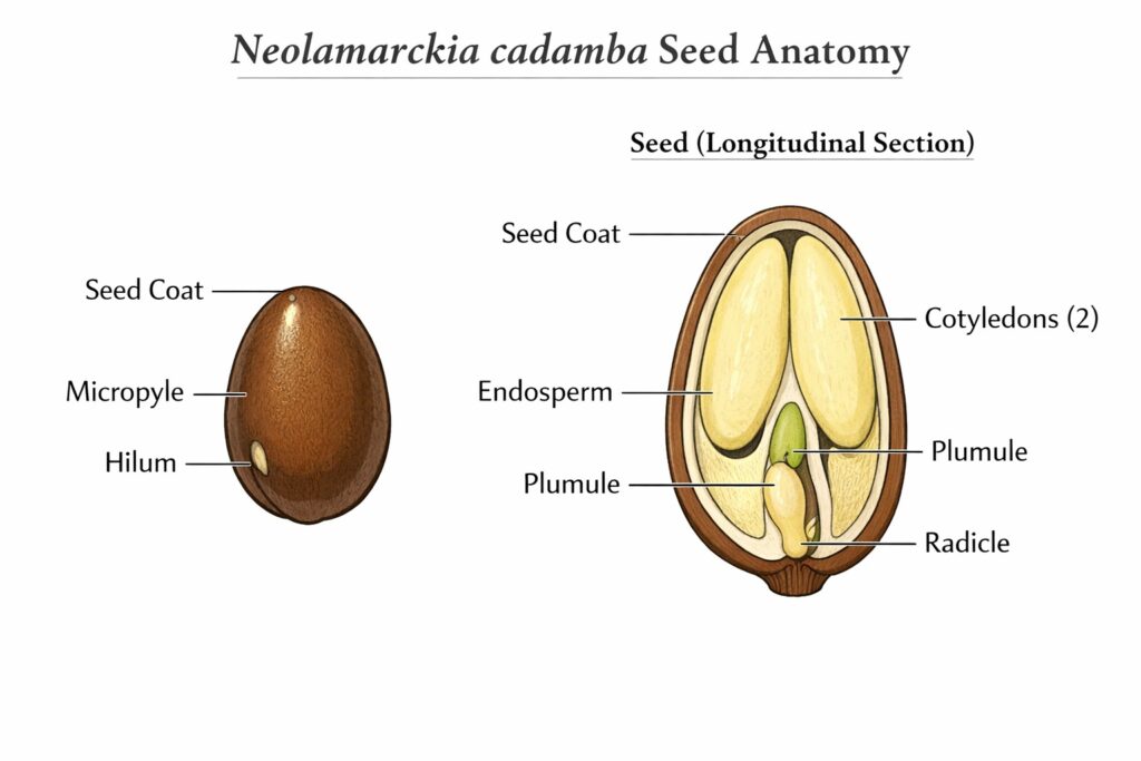 Botanical diagram of Kadamba (Neolamarckia cadamba) seed anatomy showing small seed with dicot embryo and two cotyledons; scientific atlas illustration.