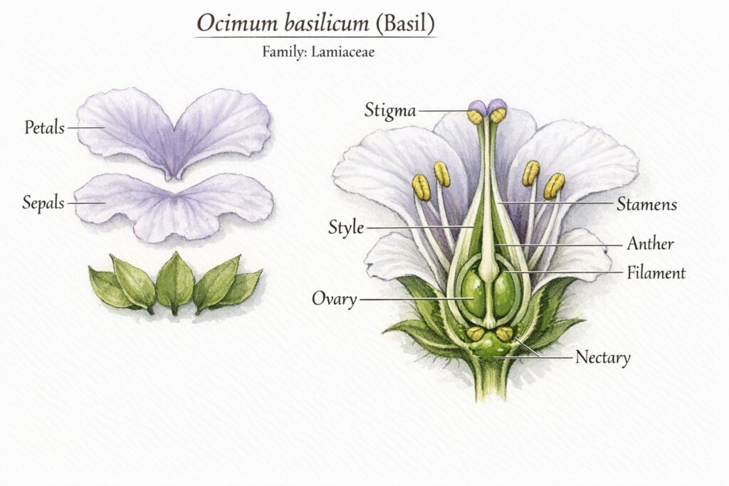 Botanical diagram of Sweet Basil flower morphology showing petals, sepals, stamens, pistil, stigma, style, ovary, and nectary.
