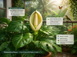 Philodendron plant flowering in Indian tropical climate with visible spathe and spadix, large glossy split leaves, and infographic callouts showing blooming season and care conditions