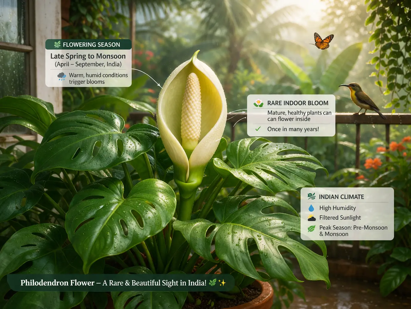 Philodendron plant flowering in Indian tropical climate with visible spathe and spadix, large glossy split leaves, and infographic callouts showing blooming season and care conditions
