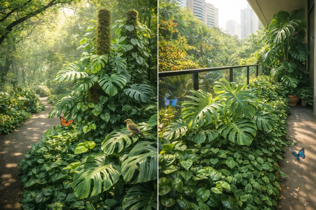 Philodendron plants in indoor balcony and outdoor garden landscape with large glossy split and heart-shaped leaves, showing vertical growth, ground cover, and tropical biodiversity elements