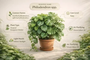 Philodendron plant infographic showing scientific name, common names, care level, light requirements, plant type, and air-purifying benefits with heartleaf and split-leaf varieties