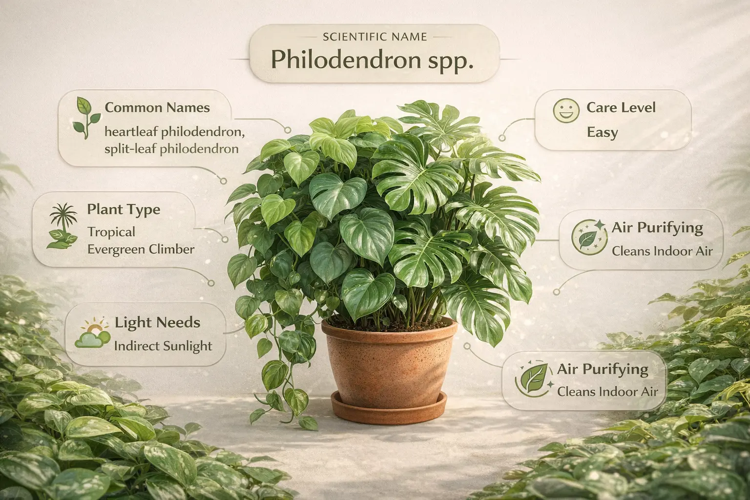 Philodendron plant infographic showing scientific name, common names, care level, light requirements, plant type, and air-purifying benefits with heartleaf and split-leaf varieties