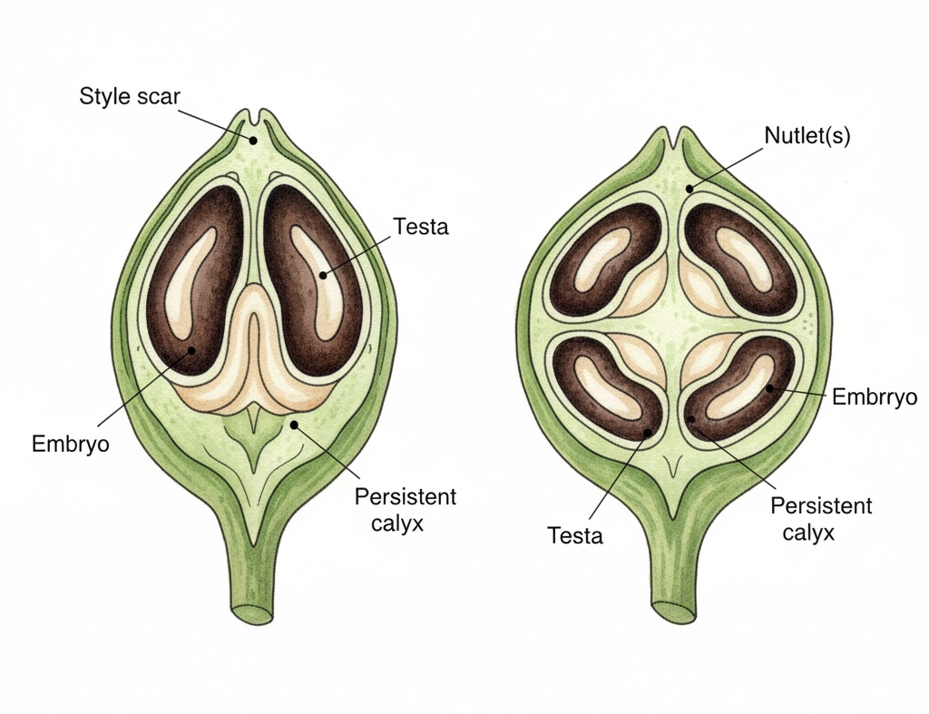 Fruit cross-section diagram of Sweet Basil (Ocimum basilicum) showing four nutlets and seed anatomy.