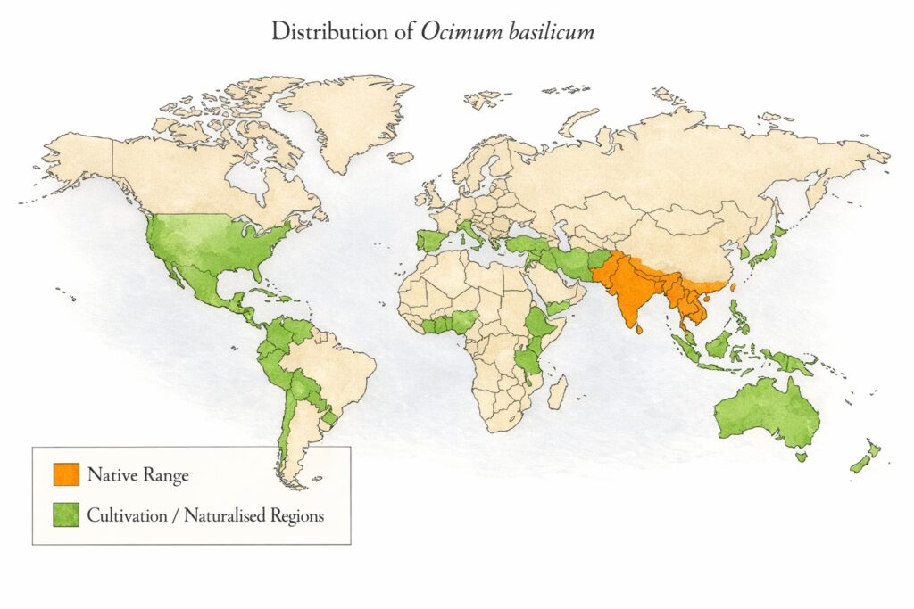 Global distribution map of Sweet Basil (Ocimum basilicum) showing native range in South and Southeast Asia and worldwide cultivation regions.
