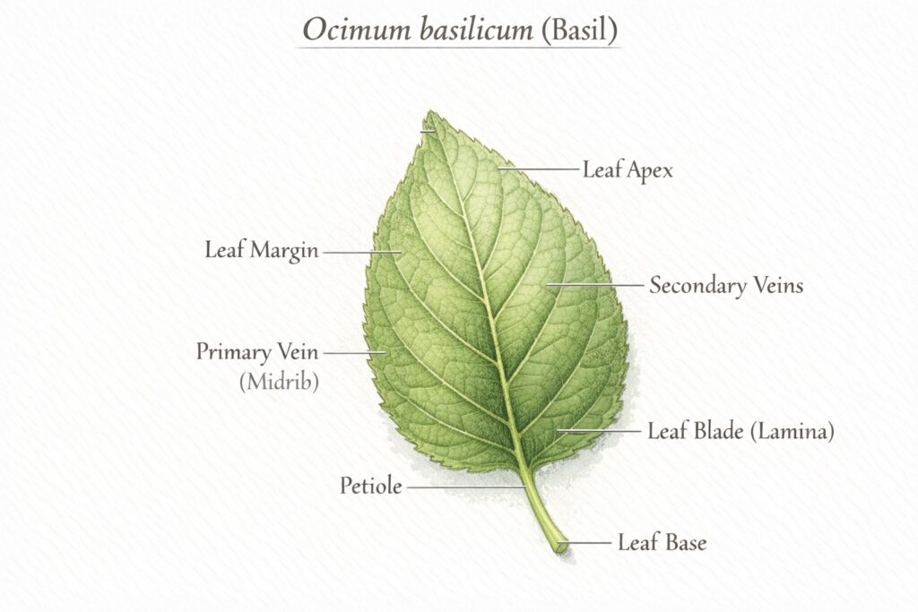 Leaf morphology of Sweet Basil (Ocimum basilicum) showing ovate leaf blade, petiole, midrib, and venation.