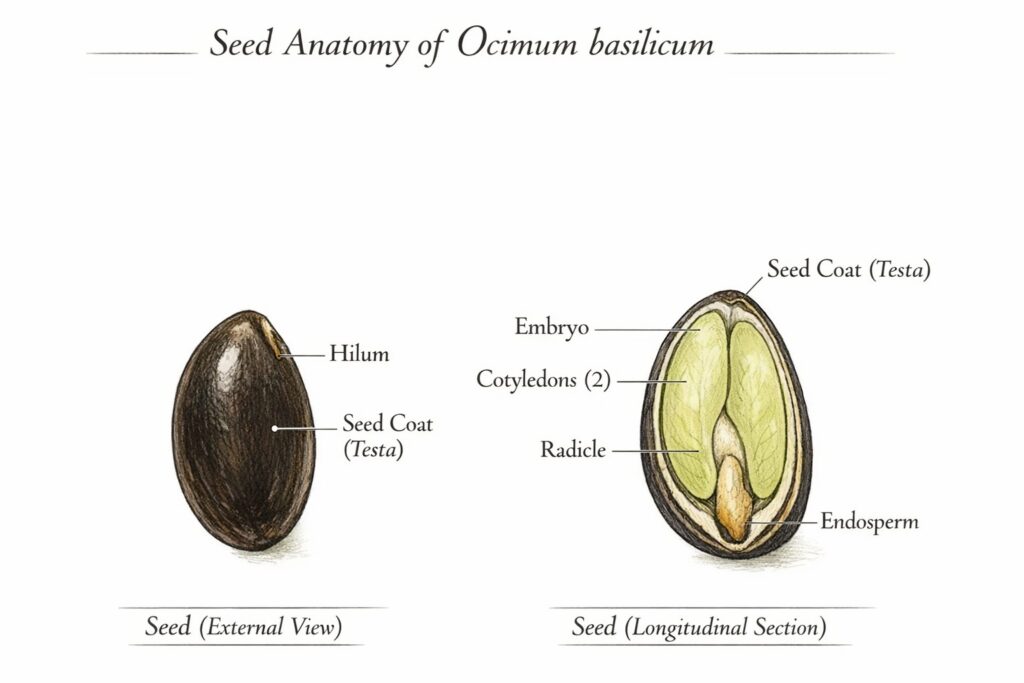 Seed anatomy of Sweet Basil (Ocimum basilicum) showing embryo, cotyledons, radicle, and seed coat.