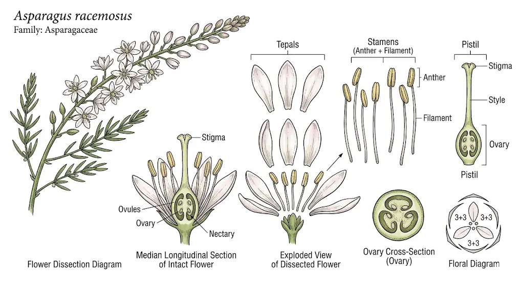A professional botanical atlas illustration of Asparagus racemosus on a white background. The plate features fine ink linework and subtle watercolor washes in white and pale pink. It includes a flowering branch with needle-like cladodes, a median longitudinal section showing the internal anatomy, and an exploded view. The dissection accurately displays 6 stamens (comprising anthers and filaments) and a 3+3 arrangement of tepals. Key anatomical structures—the stigma, style, ovary, nectary, and pistil—are identified with thin leader lines and clear text labels.