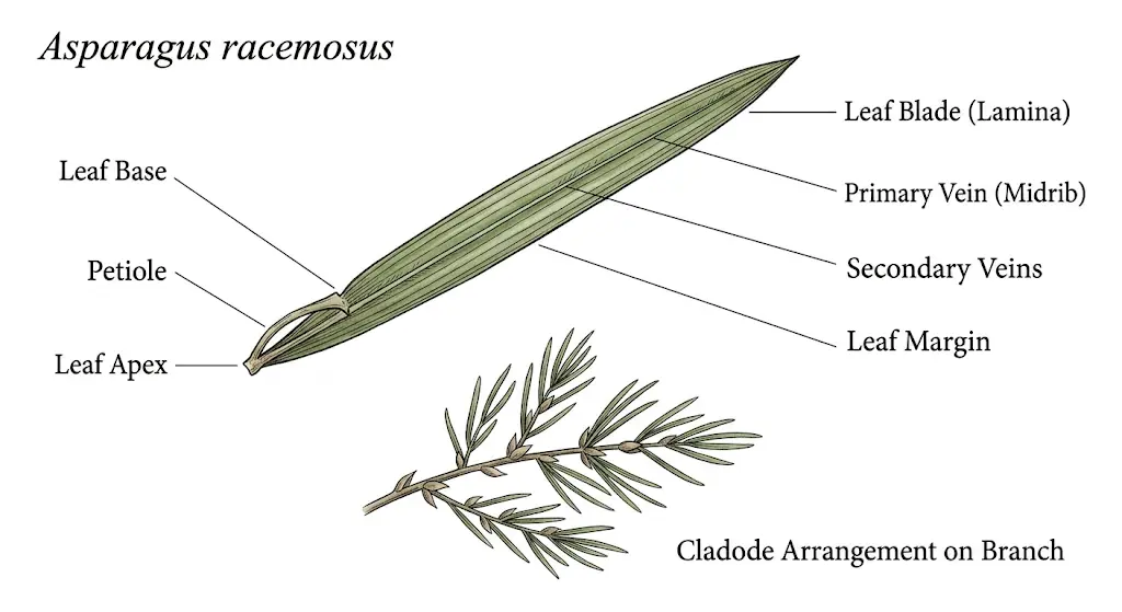 A professional botanical atlas illustration showing the leaf morphology of Asparagus racemosus. The plate features a detailed close-up of a single filiform cladode (modified needle-like leaf) alongside a branch showing their natural arrangement. The illustration uses fine ink linework and muted green watercolor washes on a clean white background. Exactly seven anatomical callouts with thin leader lines point to the Leaf Blade (Lamina), Petiole, Primary Vein (Midrib), Secondary Veins, Leaf Margin, Leaf Apex, and Leaf Base. The venation is shown as parallel, and the margins are entire, consistent with botanical textbook standards.