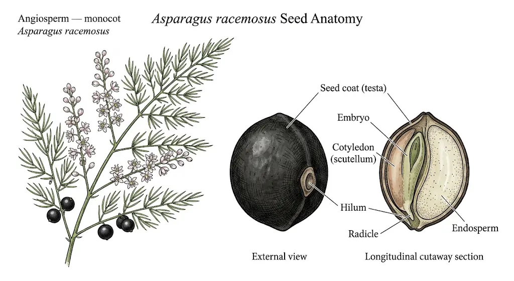 A professional botanical textbook plate illustrating the seed anatomy of Asparagus racemosus. On the left, a branch shows the plant's needle-like cladodes, small flowers, and dark globose berries. The center features a detailed external view of a single black, globose seed highlighting the hilum. To the right, a longitudinal cutaway section reveals the internal monocot structure. Fine ink linework and subtle watercolor washes are used on a white background. Labeled anatomical callouts with thin leader lines identify the Seed coat (testa), Embryo, Cotyledon (scutellum), Hilum, Radicle, and Endosperm.