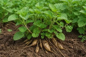 Ultra-realistic landscape AI botanical photograph of a live healthy Coleus rotundifolius plant growing in cultivated soil with green ovate leaves and partially exposed edible underground tubers visible near the root zone.