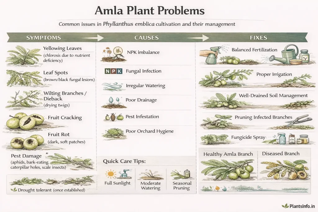 Semi-infographic botanical illustration of amla (Phyllanthus emblica) plant problems showing symptoms like yellowing leaves, leaf spots, branch dieback, fruit cracking, fruit rot, and pest damage, along with causes and practical fixes including fertilization, irrigation, pruning, fungicide use, and pest control.