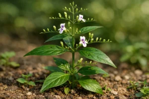 Hyper-realistic macro photograph of Andrographis paniculata (Green Chiretta) showing upright stem, opposite lanceolate leaves, and small white flowers with purple streaks in a natural soil garden setting.