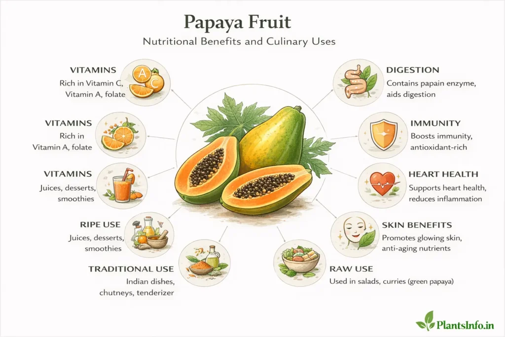 Semi-infographic botanical illustration of papaya fruit showing whole and cut Carica papaya with labeled benefits including vitamins, digestion, immunity, heart health, skin benefits, and culinary uses in a clean radial layout.
