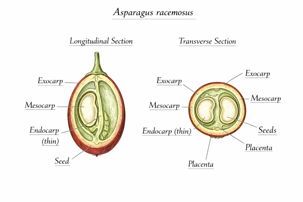 Longitudinal and transverse cross-section diagram of Asparagus racemosus berry showing exocarp, mesocarp, thin endocarp, seeds, and placenta in botanical atlas style.