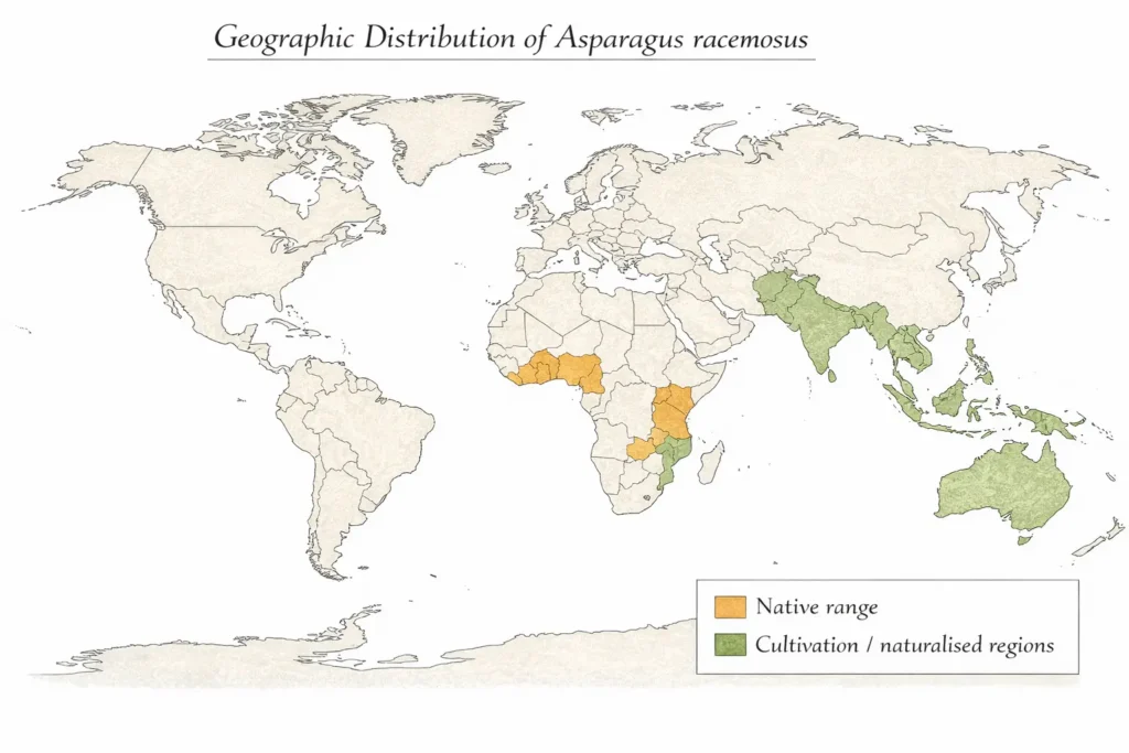World map showing geographic distribution of Asparagus racemosus with native range in India, Sri Lanka, Nepal, Bangladesh, and Myanmar marked in orange, and cultivation or naturalised regions in Southeast Asia and parts of tropical Africa marked in green.