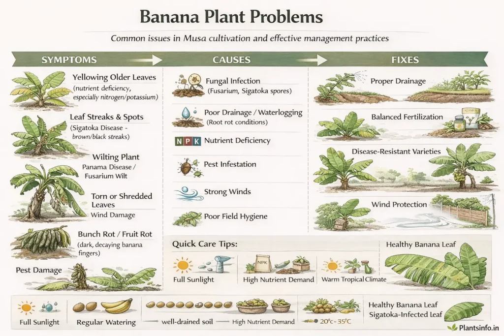 Semi-infographic botanical illustration of banana plant (Musa spp.) problems showing symptoms like yellowing leaves, Sigatoka leaf streaks, wilting, torn leaves, fruit rot, and pest damage, along with causes and practical fixes including drainage improvement, fertilization, disease control, pest management, and wind protection.