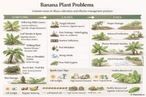 Semi-infographic botanical illustration of banana plant (Musa spp.) problems showing symptoms like yellowing leaves, Sigatoka leaf streaks, wilting, torn leaves, fruit rot, and pest damage, along with causes and practical fixes including drainage improvement, fertilization, disease control, pest management, and wind protection.