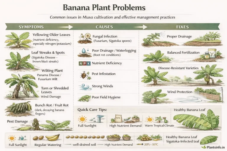 Semi-infographic botanical illustration of banana plant (Musa spp.) problems showing symptoms like yellowing leaves, Sigatoka leaf streaks, wilting, torn leaves, fruit rot, and pest damage, along with causes and practical fixes including drainage improvement, fertilization, disease control, pest management, and wind protection.