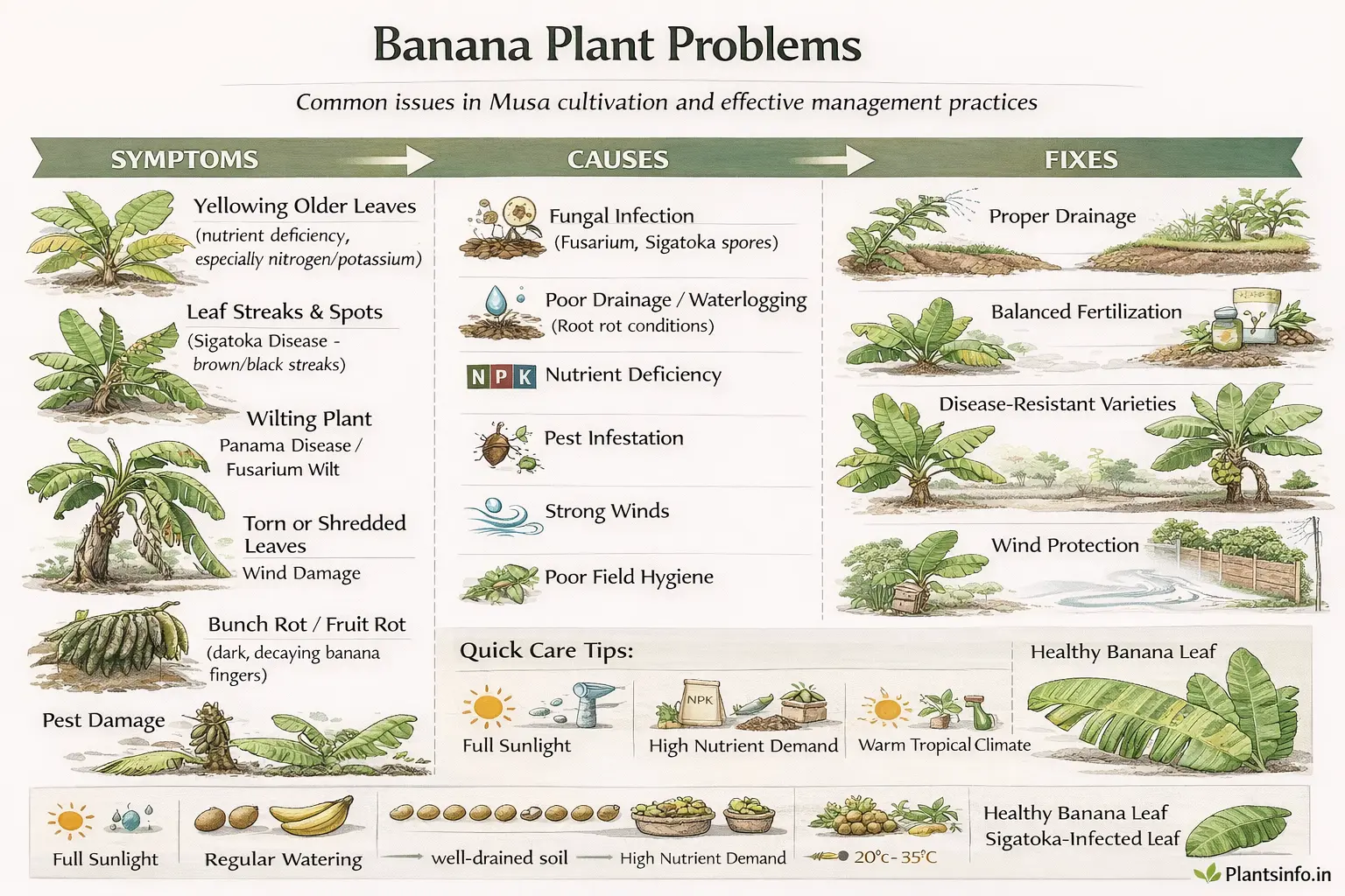 Semi-infographic botanical illustration of banana plant (Musa spp.) problems showing symptoms like yellowing leaves, Sigatoka leaf streaks, wilting, torn leaves, fruit rot, and pest damage, along with causes and practical fixes including drainage improvement, fertilization, disease control, pest management, and wind protection.