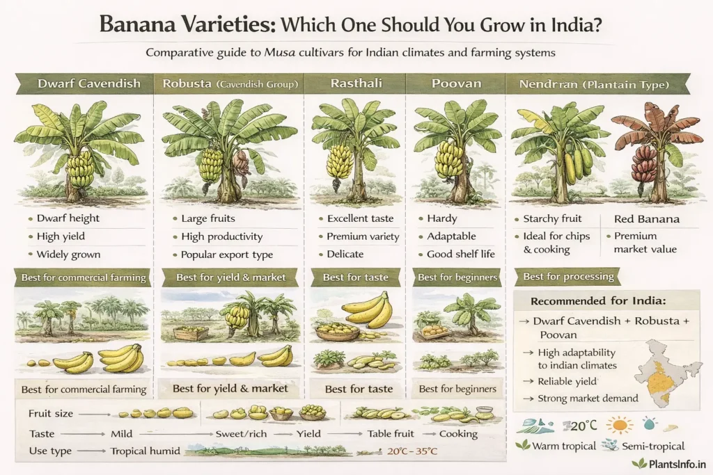 Semi-infographic botanical atlas illustration comparing banana varieties (Musa spp.) for Indian cultivation, including Dwarf Cavendish, Robusta, Rasthali, Poovan, Nendran, and Red Banana, showing plant structure, fruit type, yield, taste, and suitability for different uses and climates.
