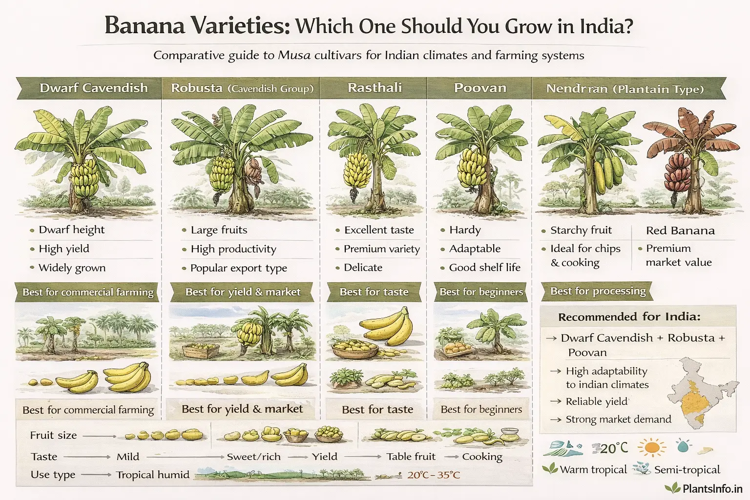 Semi-infographic botanical atlas illustration comparing banana varieties (Musa spp.) for Indian cultivation, including Dwarf Cavendish, Robusta, Rasthali, Poovan, Nendran, and Red Banana, showing plant structure, fruit type, yield, taste, and suitability for different uses and climates.