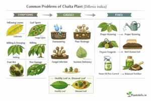 Semi-infographic botanical illustration of Chalta plant (Dillenia indica) problems showing symptoms like yellowing leaves, leaf spots, wilting, fruit rot, pest damage, along with causes and fixes in a three-section layout.