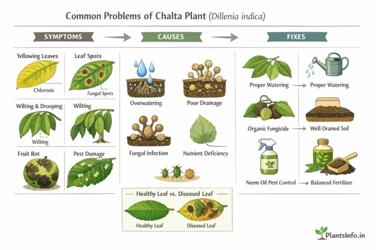 Semi-infographic botanical illustration of Chalta plant (Dillenia indica) problems showing symptoms like yellowing leaves, leaf spots, wilting, fruit rot, pest damage, along with causes and fixes in a three-section layout.