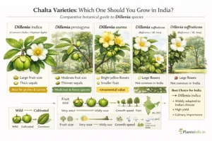 Semi-infographic botanical comparison of Chalta varieties in India showing Dillenia indica, Dillenia pentagyna, Dillenia aurea, and Dillenia suffruticosa with differences in fruit size, flowers, growth habit, and cultivation suitability, highlighting Dillenia indica as the best choice for Indian conditions.