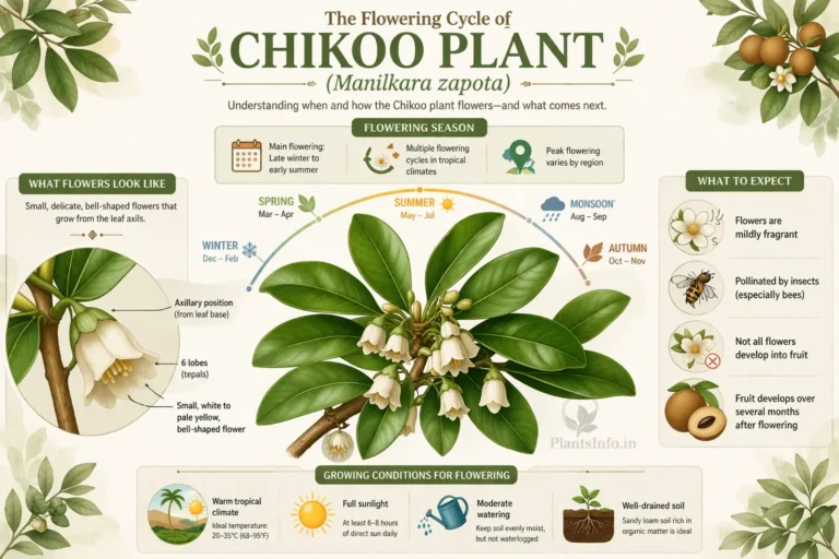 Semi-infographic botanical illustration of chikoo (Manilkara zapota) flowering cycle showing branch with glossy leaves and bell-shaped white flowers, seasonal timeline, flower structure details, pollination, and growing conditions.