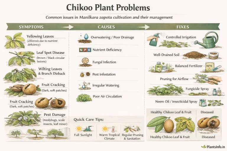 Semi-infographic botanical illustration of chikoo (Manilkara zapota) plant problems showing symptoms like yellowing leaves, leaf spots, wilting, fruit cracking, fruit rot, and pest damage, along with causes and practical fixes including irrigation control, soil drainage, fertilization, pruning, fungicide use, and pest management.