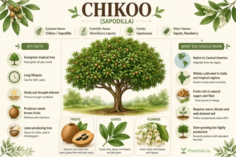 Landscape botanical infographic of the chikoo plant (sapodilla tree, Manilkara zapota) showing a full evergreen tree with fruits, along with labeled sections for key facts, plant names, and growing information, plus inset illustrations of fruit, leaves, and flowers.