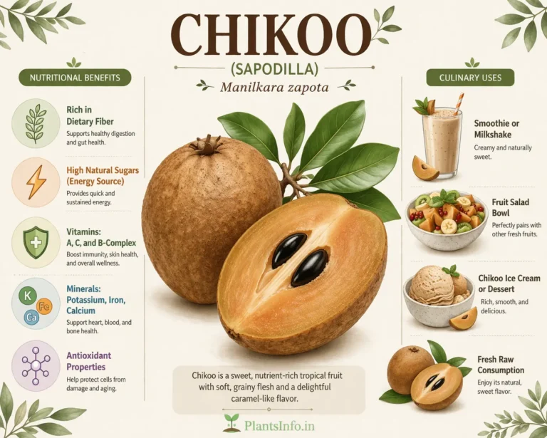 Botanical-style infographic of chikoo (sapodilla fruit, Manilkara zapota) showing whole and cut fruit with nutritional benefits like fiber, vitamins, minerals, antioxidants, and culinary uses including smoothie, fruit salad, ice cream, and fresh consumption.