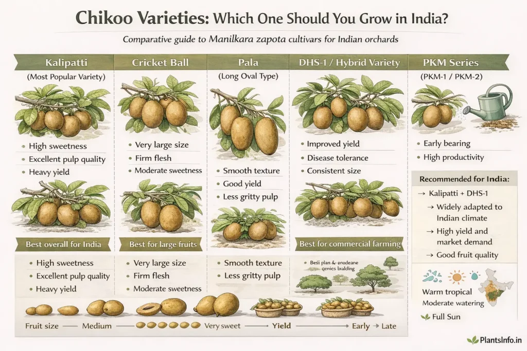 Semi-infographic botanical atlas illustration comparing chikoo varieties (Manilkara zapota) for Indian cultivation, including Kalipatti, Cricket Ball, Pala, DHS-1 hybrid, and PKM series, showing fruit size, sweetness, yield, and suitability for different growing conditions.