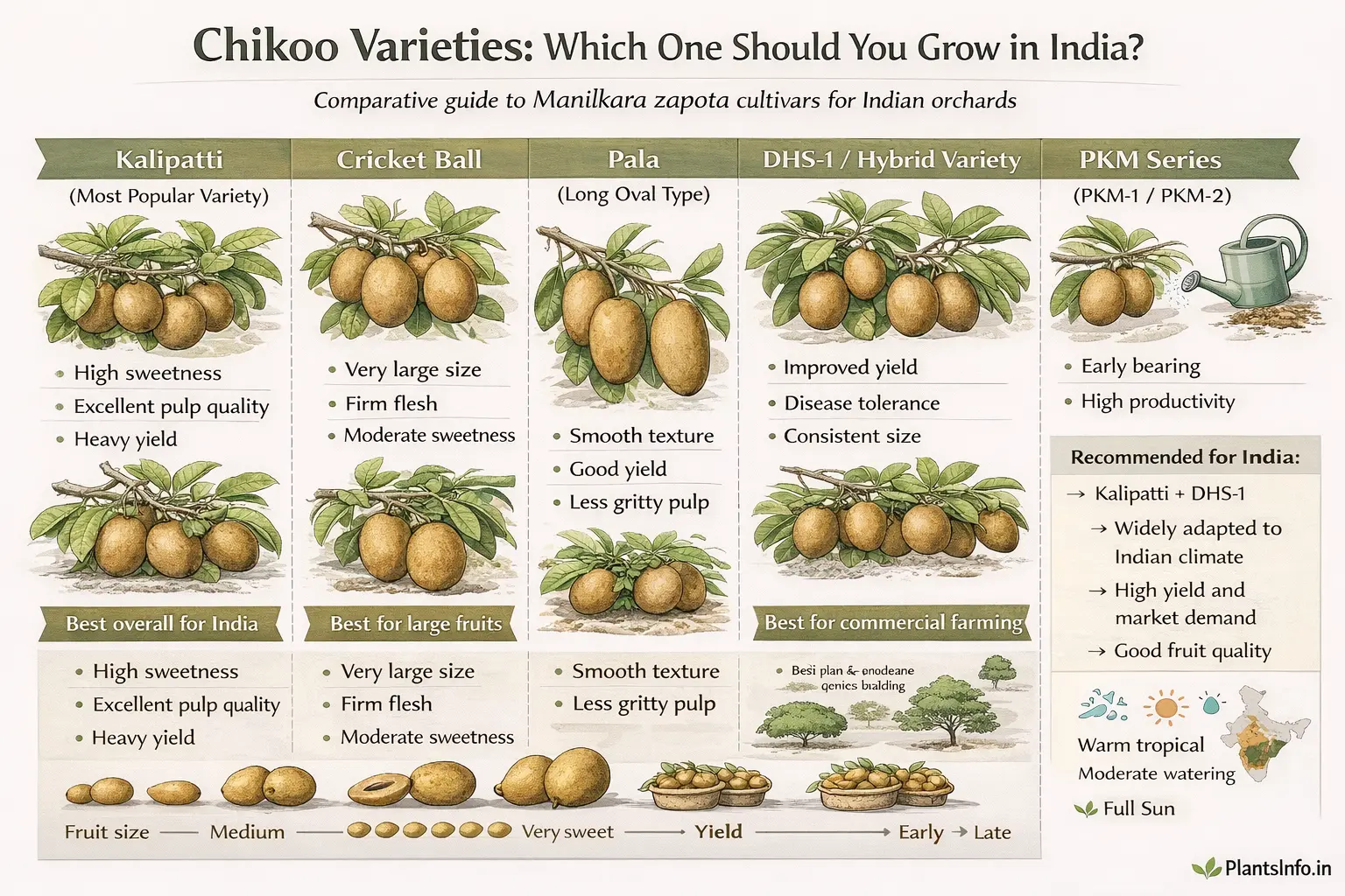Semi-infographic botanical atlas illustration comparing chikoo varieties (Manilkara zapota) for Indian cultivation, including Kalipatti, Cricket Ball, Pala, DHS-1 hybrid, and PKM series, showing fruit size, sweetness, yield, and suitability for different growing conditions.