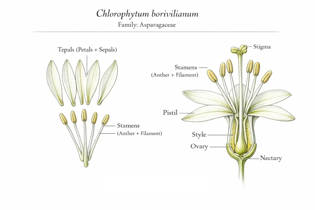Chlorophytum borivilianum flower morphology diagram showing dissected flower with labeled tepals stamens pistil stigma style ovary and nectary