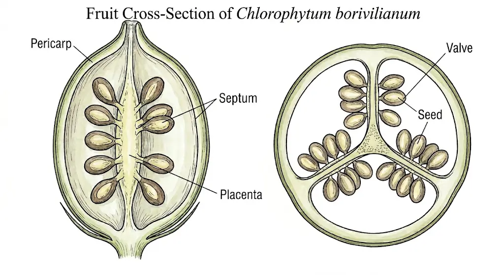 A scientific botanical illustration showing the fruit anatomy of Chlorophytum borivilianum (Safed Musli), featuring a longitudinal and transverse cross-section of a capsule with labels for pericarp, valve, seed, septum, and placenta.