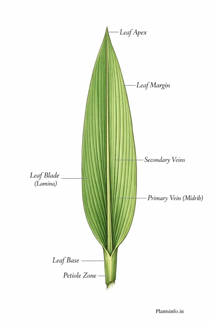 Scientific botanical illustration of Chlorophytum borivilianum leaf morphology showing linear-lanceolate leaf with parallel venation and labeled anatomical parts