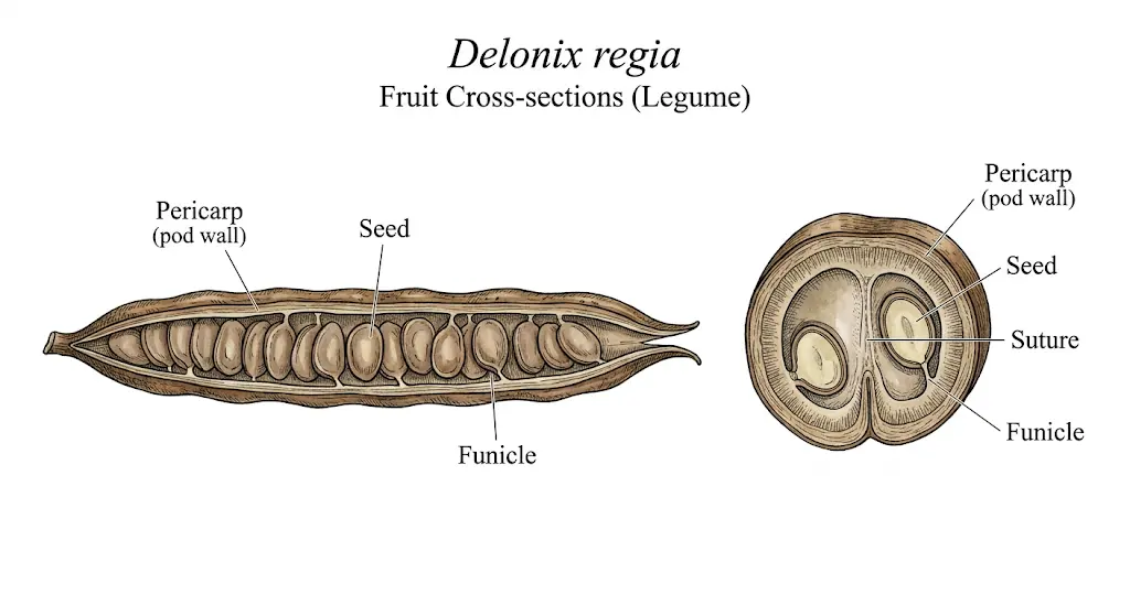 Botanical cross-section of a Delonix regia legume pod showing the pericarp, seeds, and funicle in both longitudinal and transverse views.
