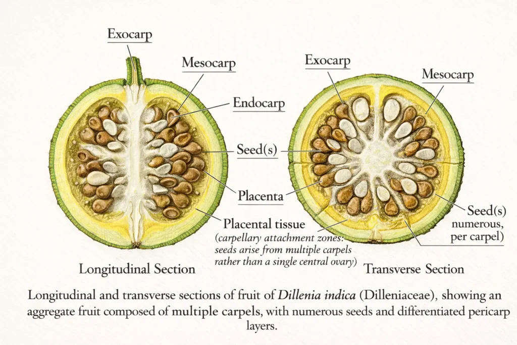 Scientific botanical atlas diagram of Dillenia indica aggregate fruit showing longitudinal and transverse sections with exocarp, mesocarp, endocarp, numerous seeds per carpel, and placental tissue (carpellary attachment zones).
