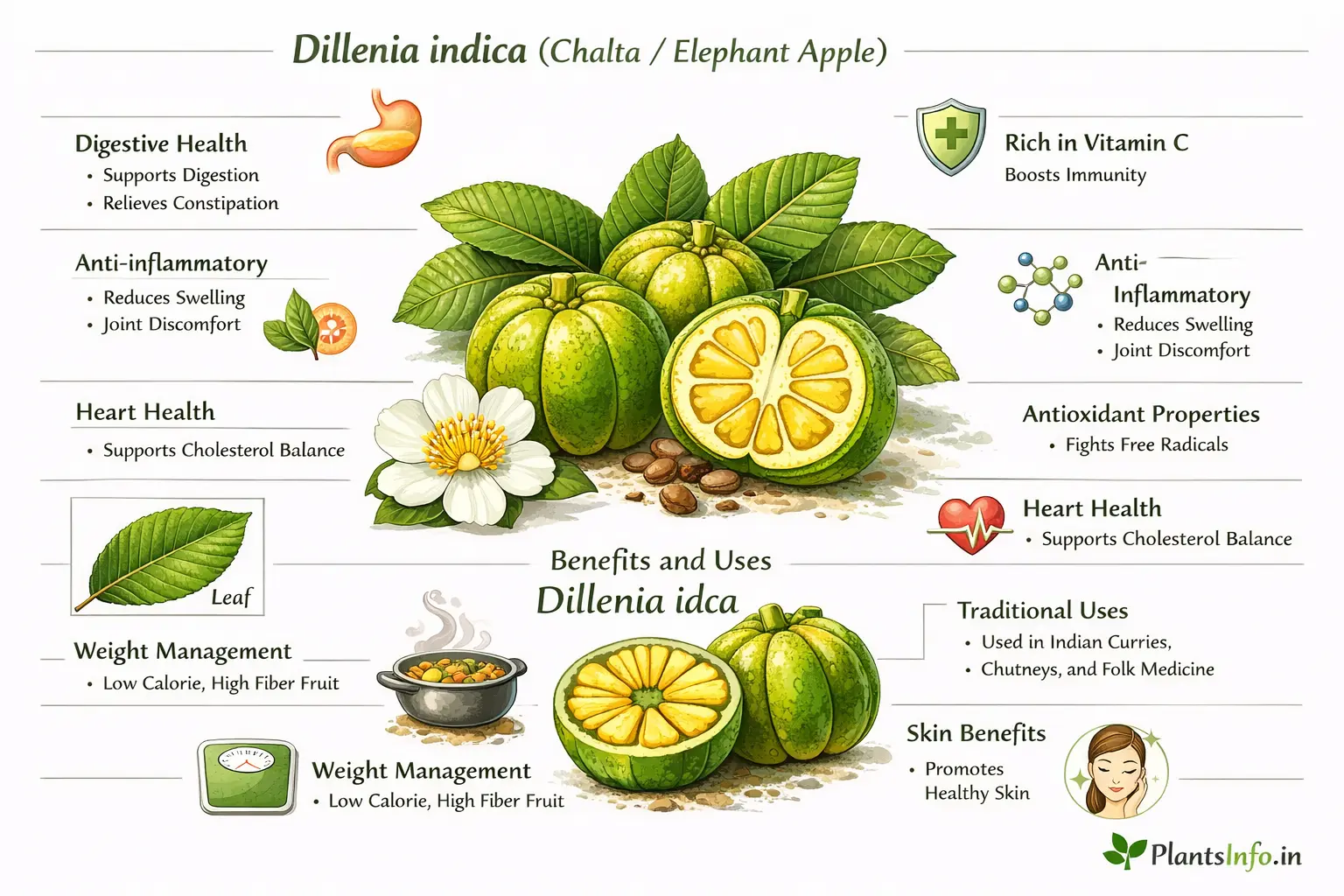 Semi-infographic of Dillenia indica (Chalta / Elephant Apple) showing fruit, leaf, and flower with health benefits including digestive support, vitamin C, anti-inflammatory, heart health, antioxidants, traditional uses, weight management, and skin benefits.