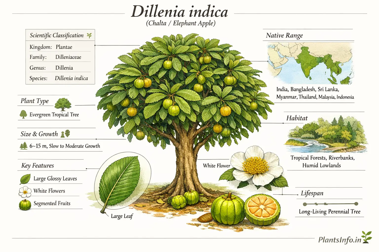 Semi-infographic botanical illustration of Dillenia indica (Chalta / Elephant Apple) showing a mature tree with glossy leaves and segmented fruits, along with labeled sections for scientific classification, native range in South and Southeast Asia, habitat, plant type, growth size, lifespan, and detailed leaf, flower, and fruit diagrams.